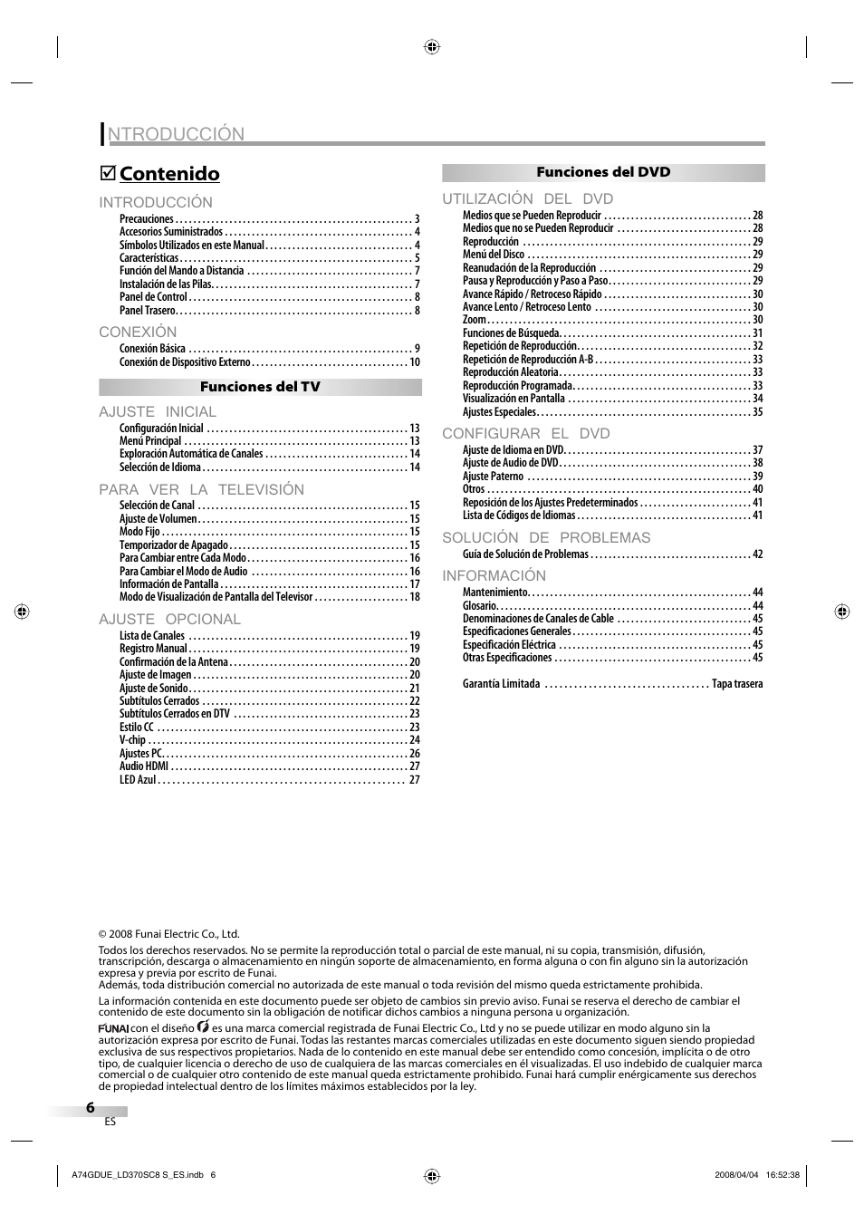 Ntroducción, Introducción, Conexión | Ajuste inicial, Para ver la televisión, Ajuste opcional, Utilización del dvd, Configurar el dvd, Solución de problemas, Información | Sylvania LD370SC8 S User Manual | Page 52 / 92