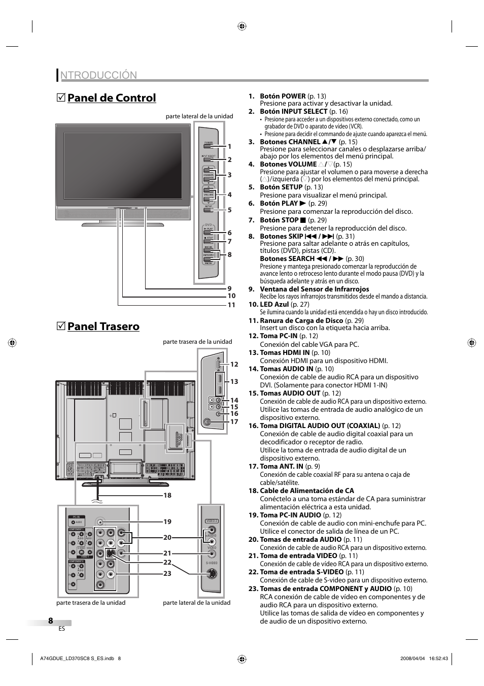 Ntroducción, Panel de control 5 panel trasero 5 | Sylvania LD370SC8 S User Manual | Page 54 / 92