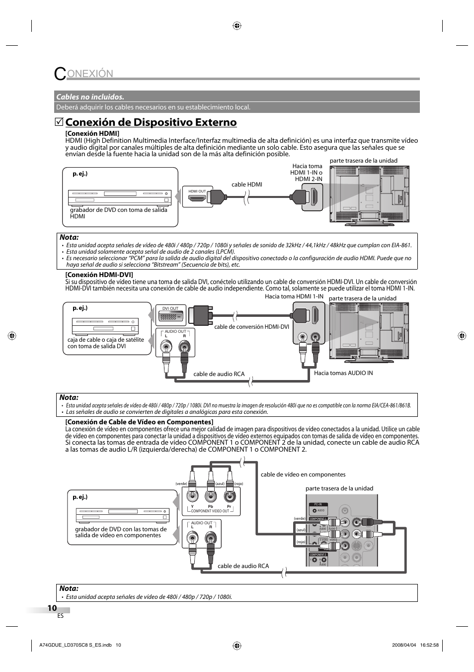 Onexión, Conexión de dispositivo externo, Nota | Cables no incluidos | Sylvania LD370SC8 S User Manual | Page 56 / 92