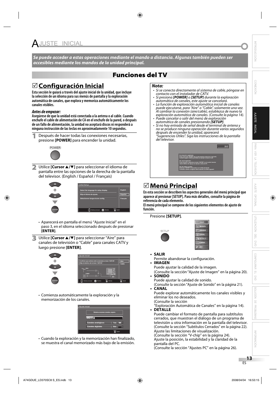 Juste inicial, Configuración inicial, Menú principal | Funciones del tv, Antes de empezar, Nota | Sylvania LD370SC8 S User Manual | Page 59 / 92