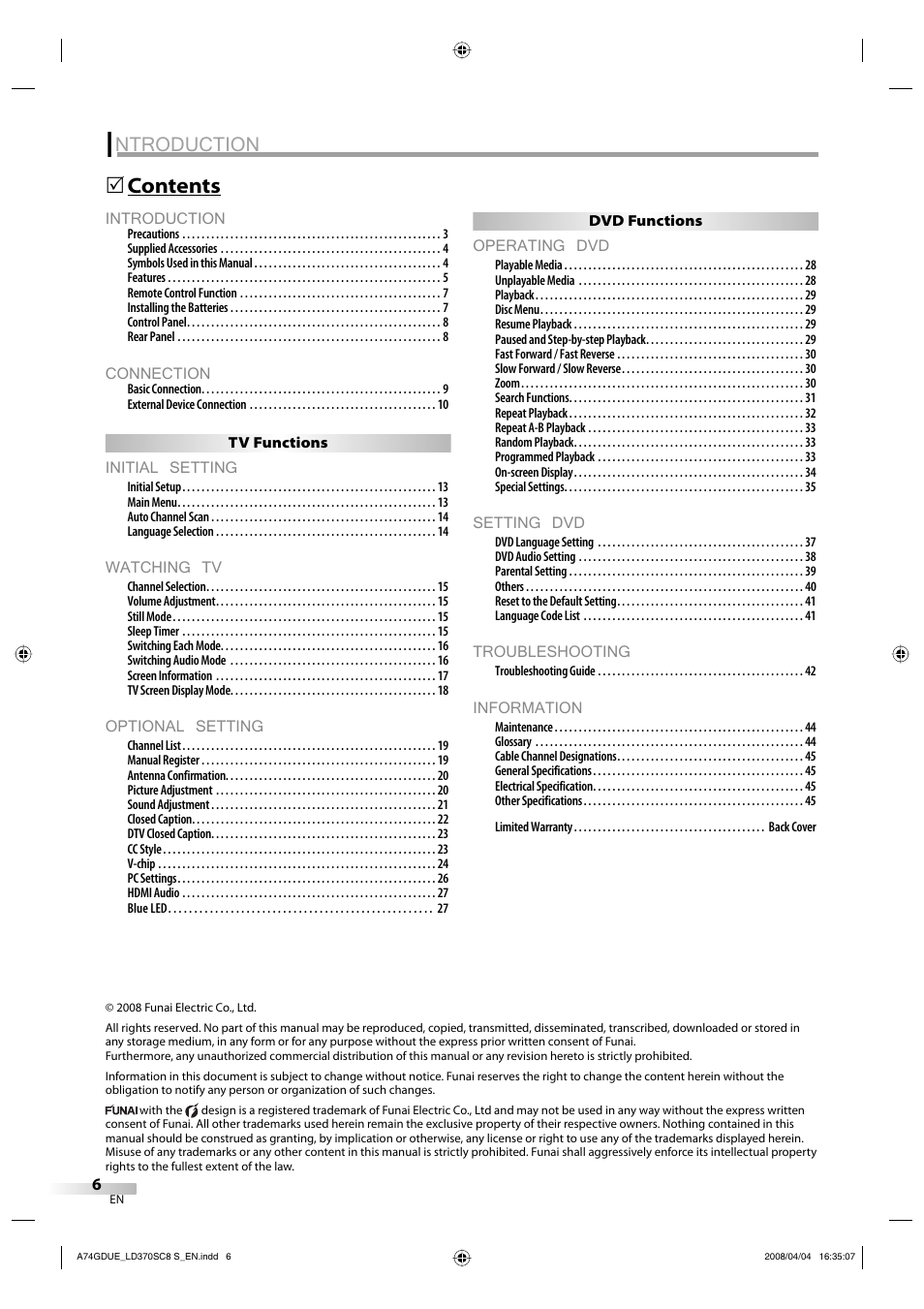 Ntroduction, Introduction, Connection | Initial setting, Watching tv, Optional setting, Operating dvd, Setting dvd, Troubleshooting, Information | Sylvania LD370SC8 S User Manual | Page 6 / 92