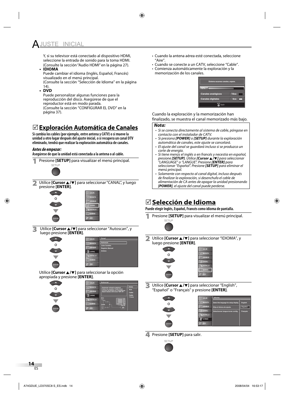 Juste inicial, Exploración automática de canales, Selección de idioma | Antes de empezar, Nota | Sylvania LD370SC8 S User Manual | Page 60 / 92