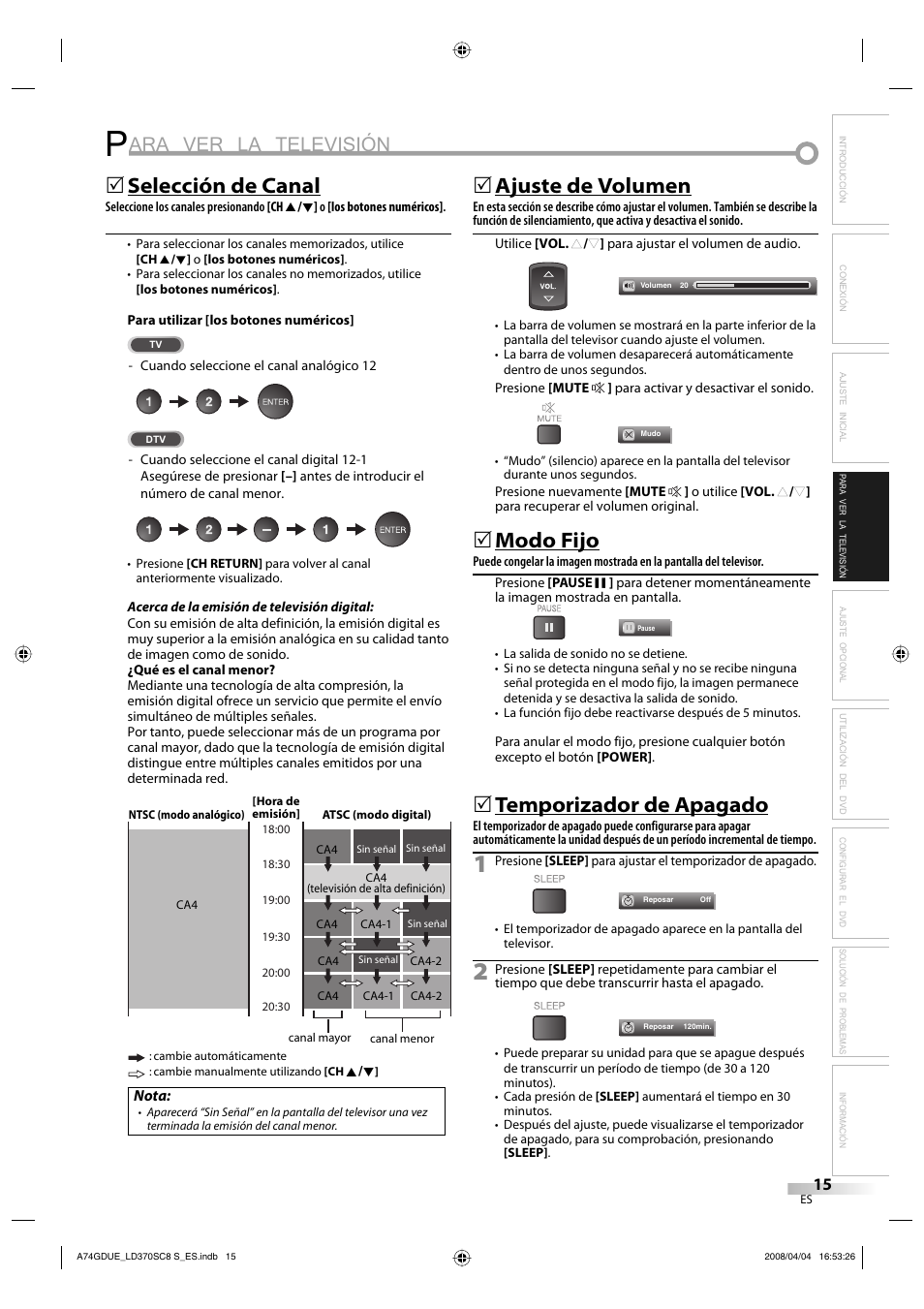 Ara ver la televisión, Selección de canal, Ajuste de volumen | Modo fijo, Temporizador de apagado | Sylvania LD370SC8 S User Manual | Page 61 / 92