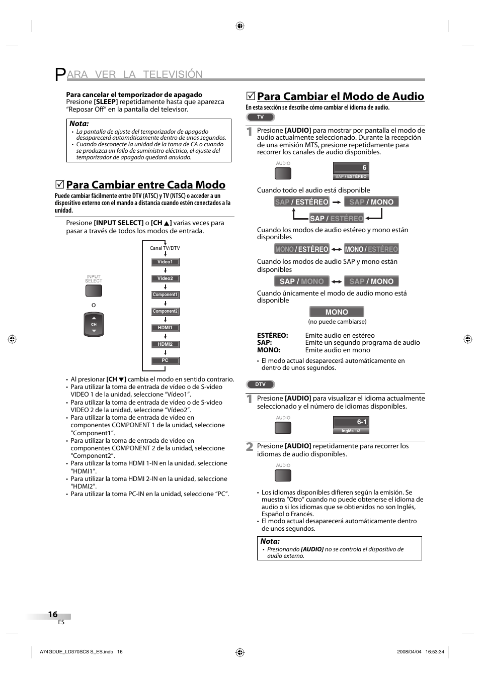 Ara ver la televisión, Para cambiar entre cada modo, Para cambiar el modo de audio | Sylvania LD370SC8 S User Manual | Page 62 / 92