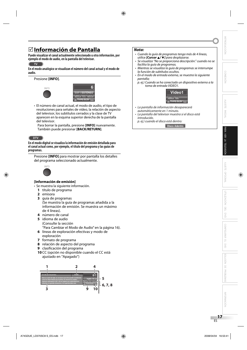 Información de pantalla, Nota | Sylvania LD370SC8 S User Manual | Page 63 / 92