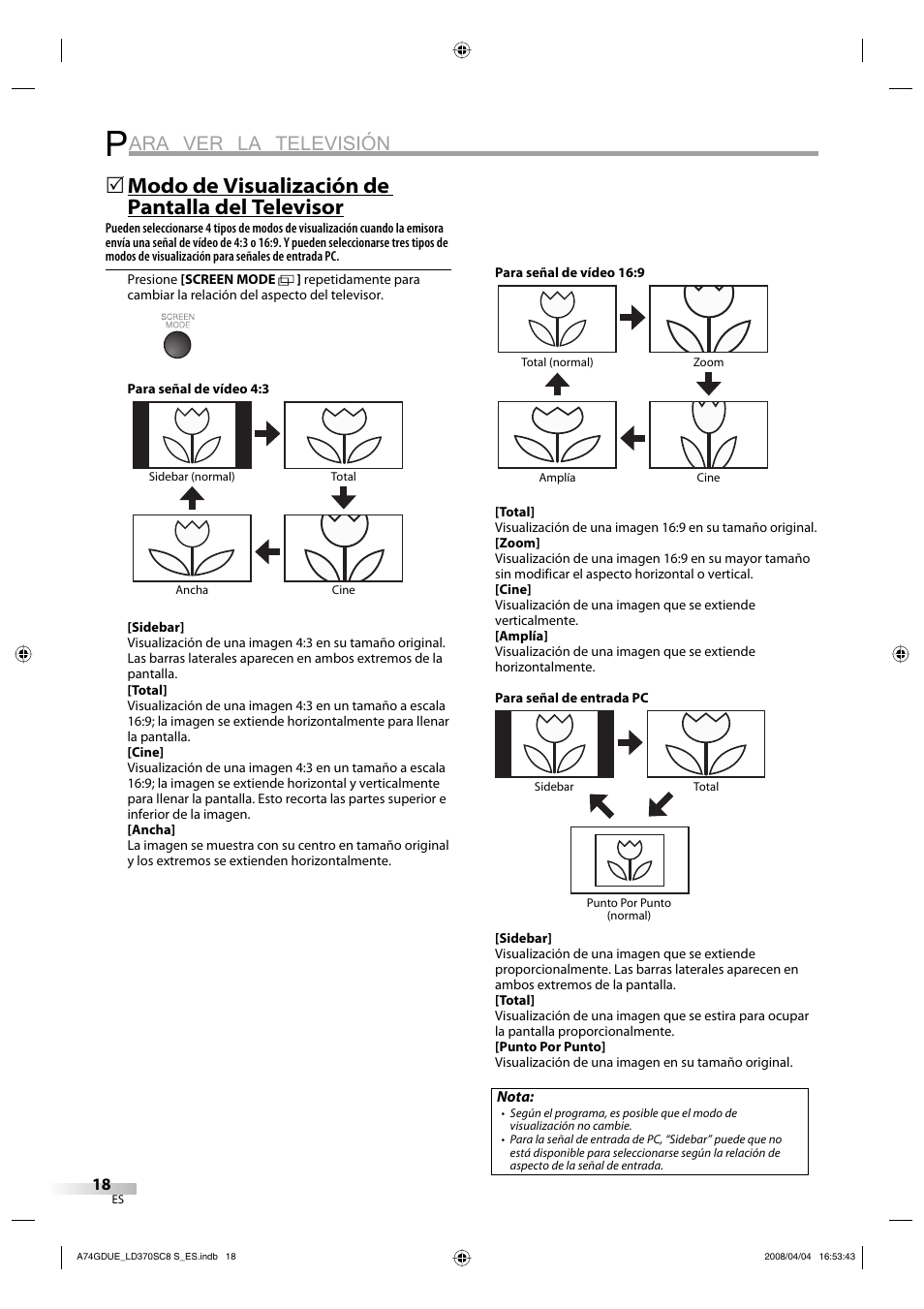 Ara ver la televisión, Modo de visualización de pantalla del televisor | Sylvania LD370SC8 S User Manual | Page 64 / 92