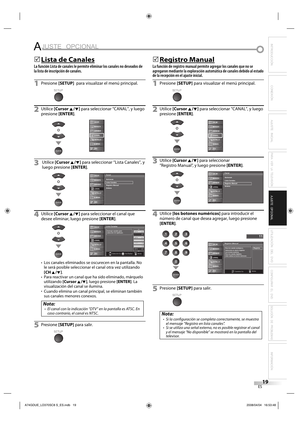 Juste opcional, Lista de canales, Registro manual | Nota | Sylvania LD370SC8 S User Manual | Page 65 / 92