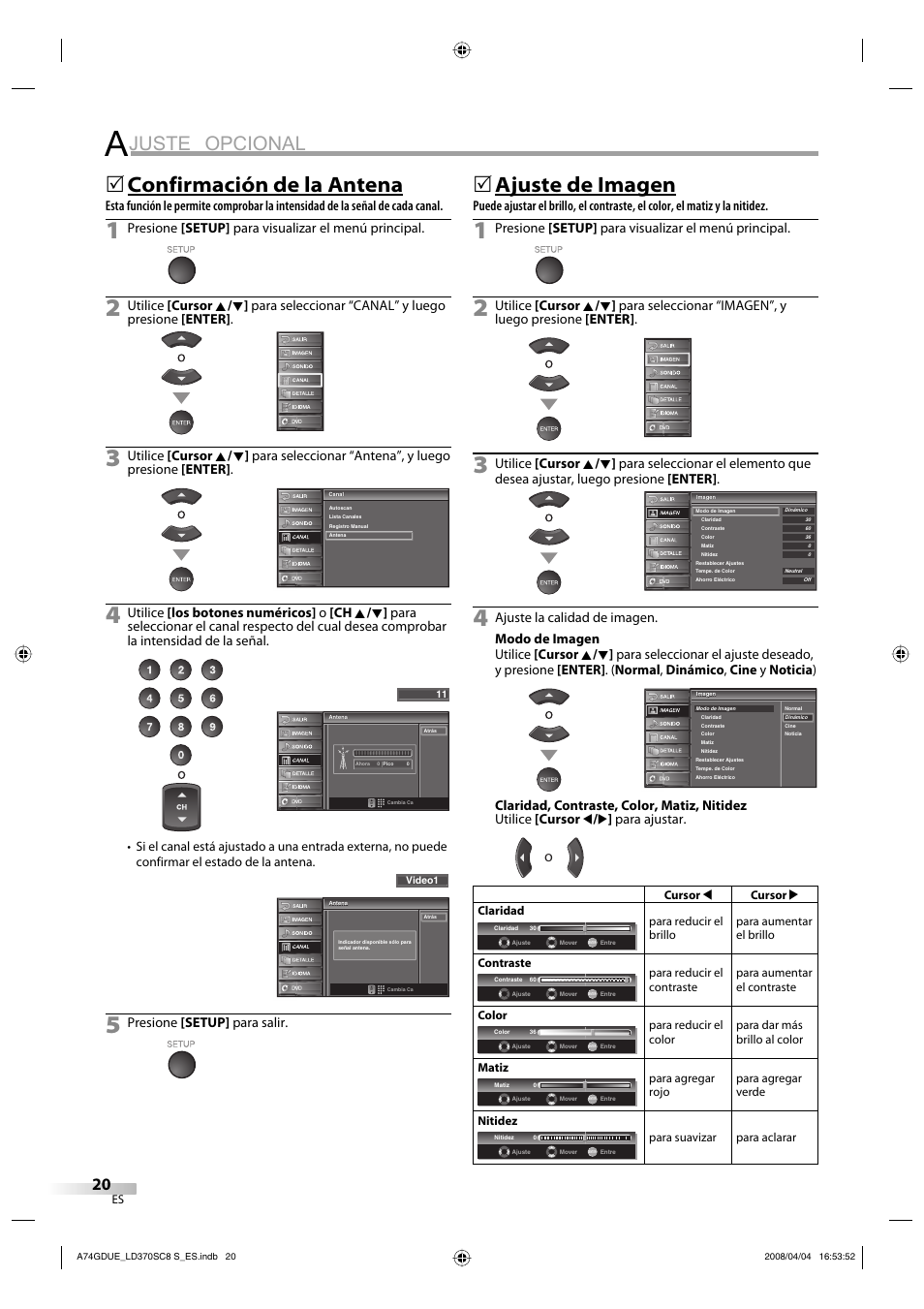 Juste opcional, Confirmación de la antena, Ajuste de imagen | Presione [setup] para visualizar el menú principal, Presione [setup] para salir | Sylvania LD370SC8 S User Manual | Page 66 / 92