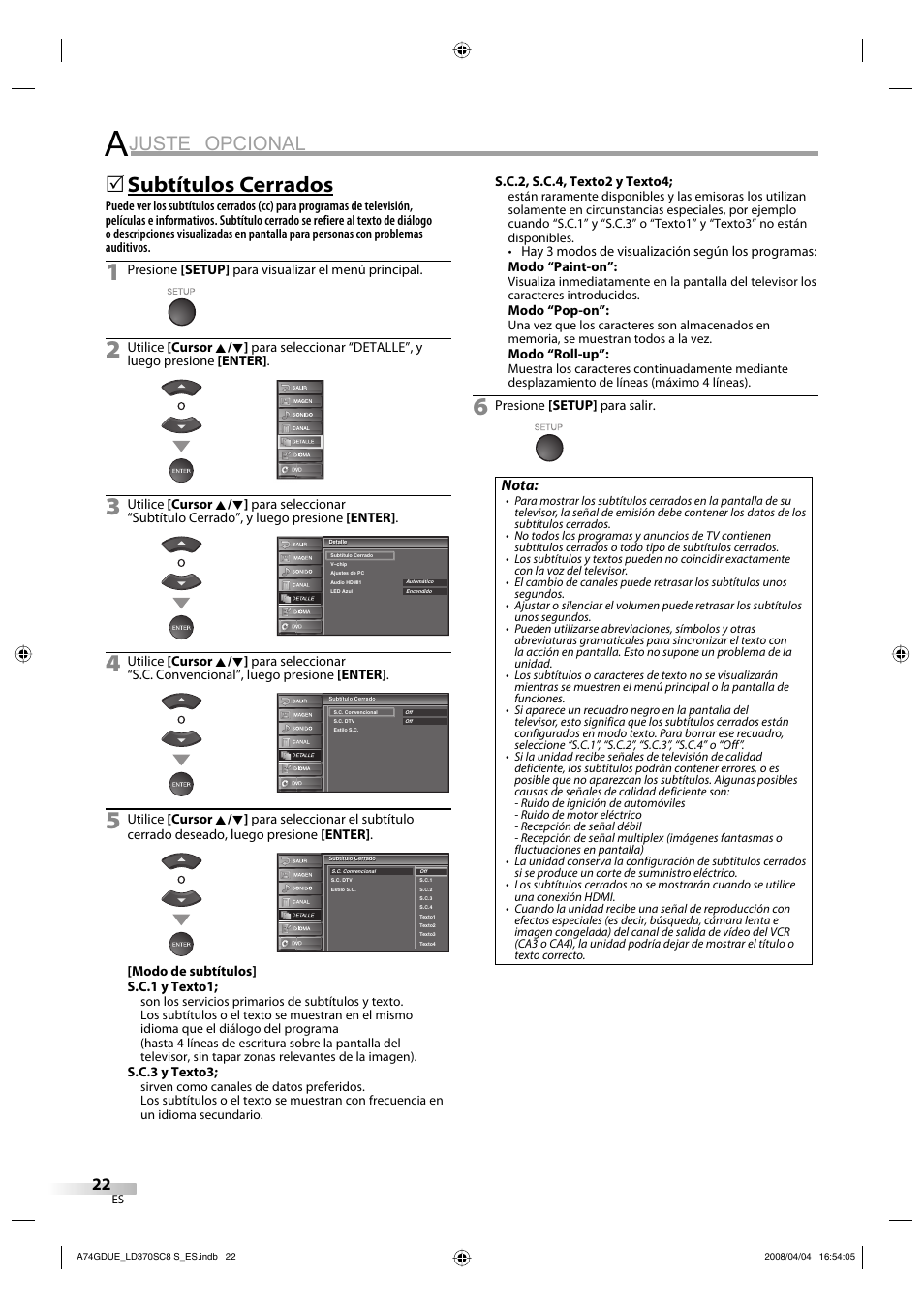 Juste opcional, Subtítulos cerrados, Nota | Sylvania LD370SC8 S User Manual | Page 68 / 92