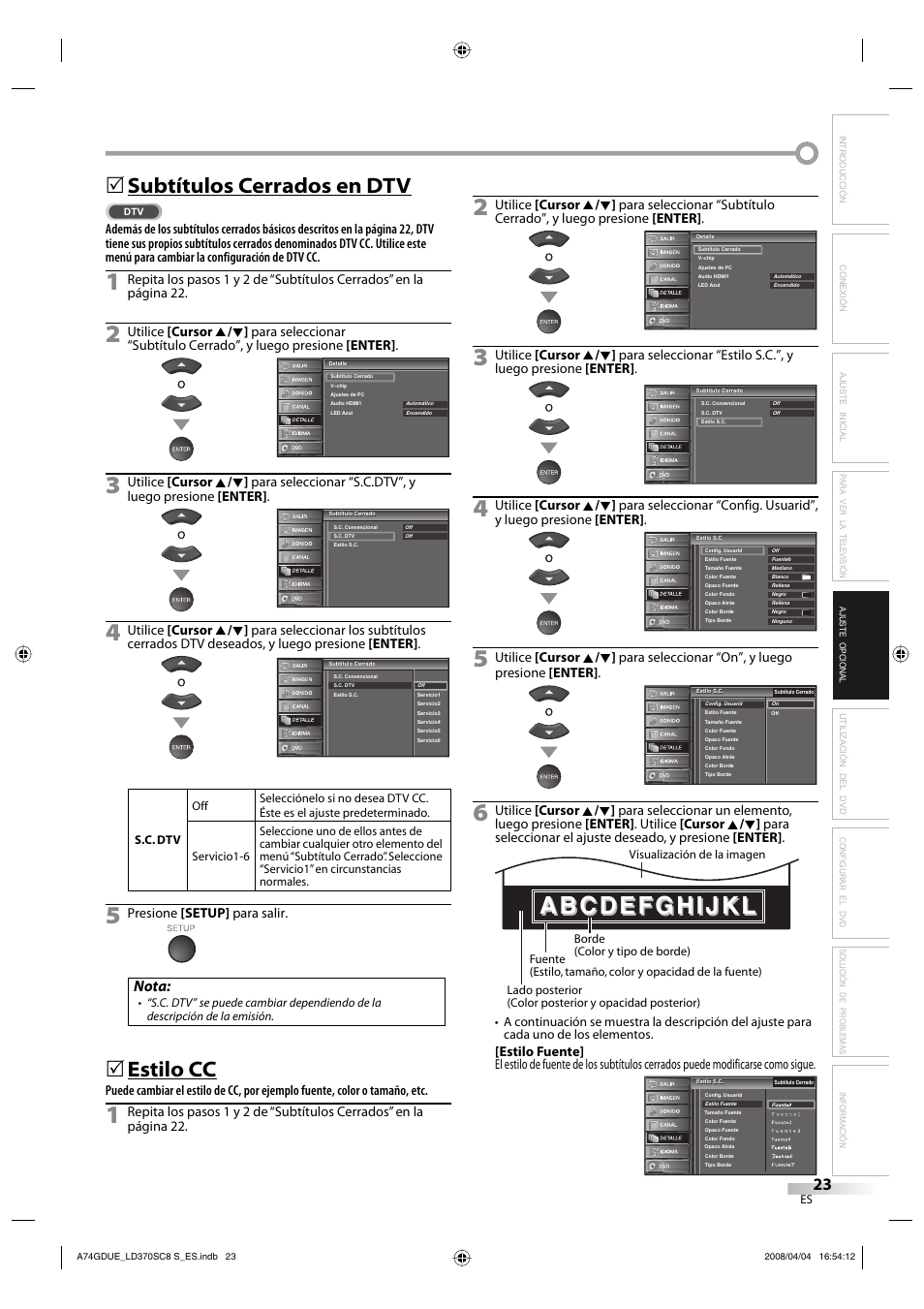 Subtítulos cerrados en dtv, Estilo cc, Nota | Presione [setup] para salir | Sylvania LD370SC8 S User Manual | Page 69 / 92