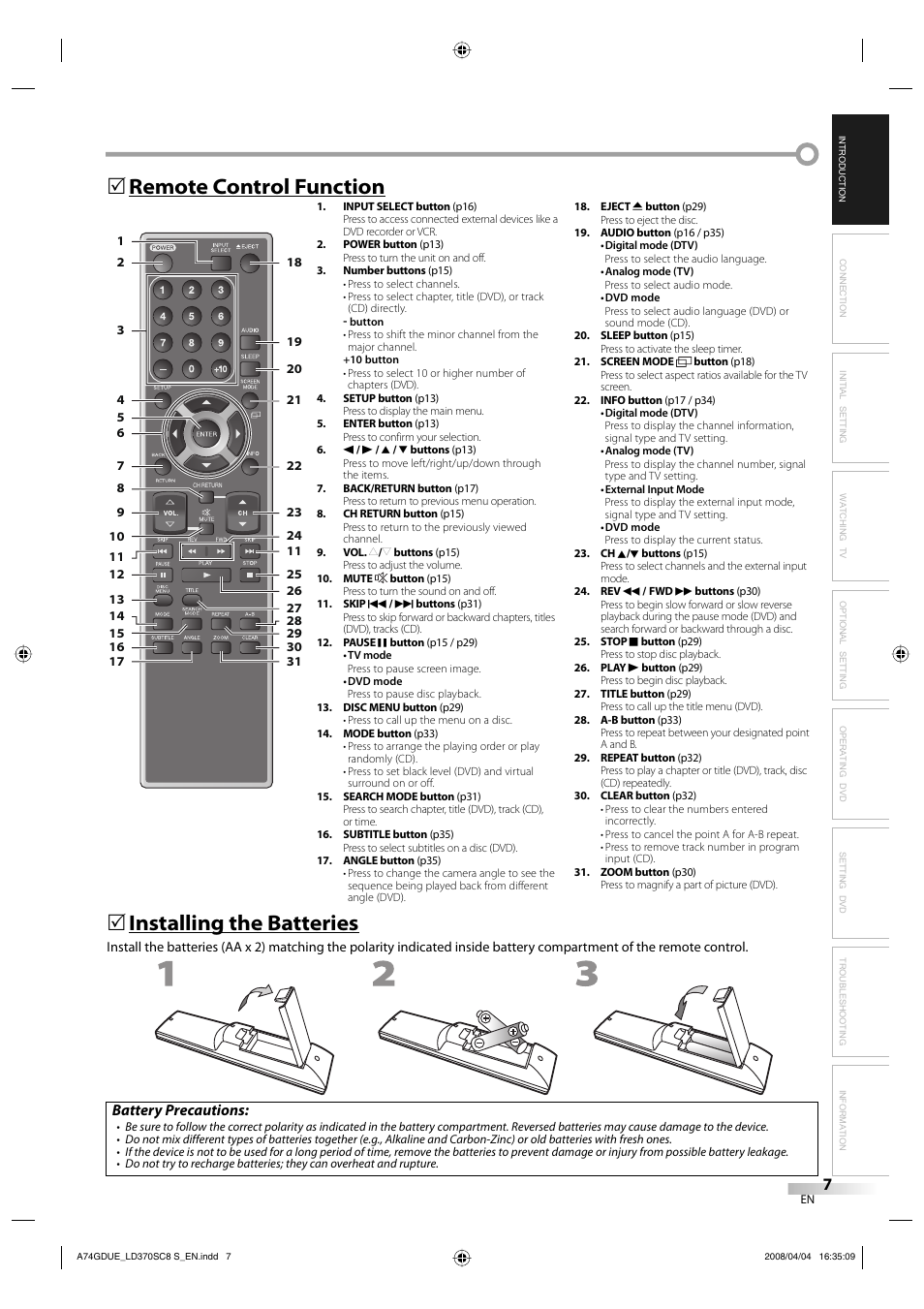 Remote control function 5, Installing the batteries, Battery precautions | Sylvania LD370SC8 S User Manual | Page 7 / 92