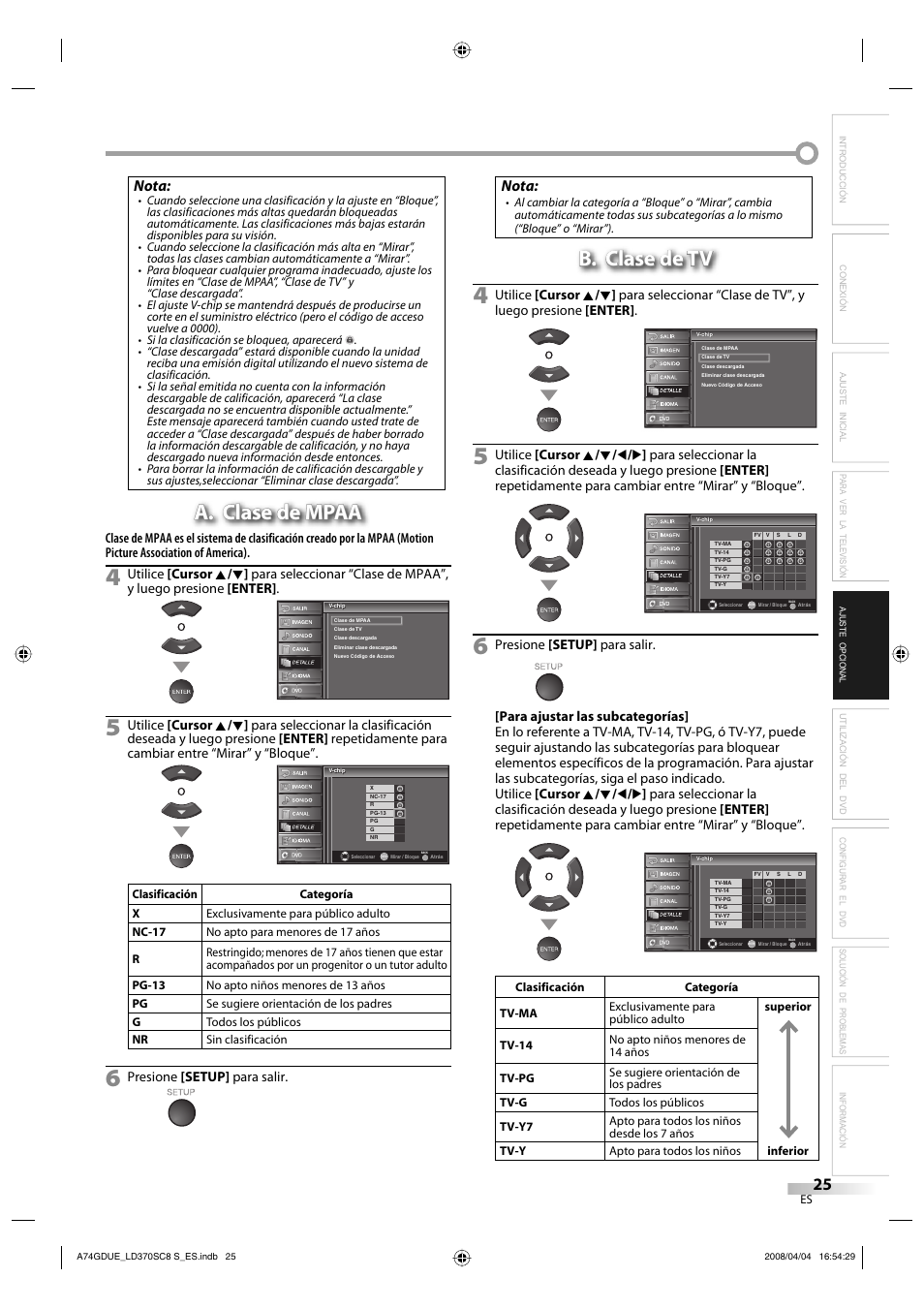 A. clase de mpaa, B. clase de tv, Nota | Presione [setup] para salir | Sylvania LD370SC8 S User Manual | Page 71 / 92