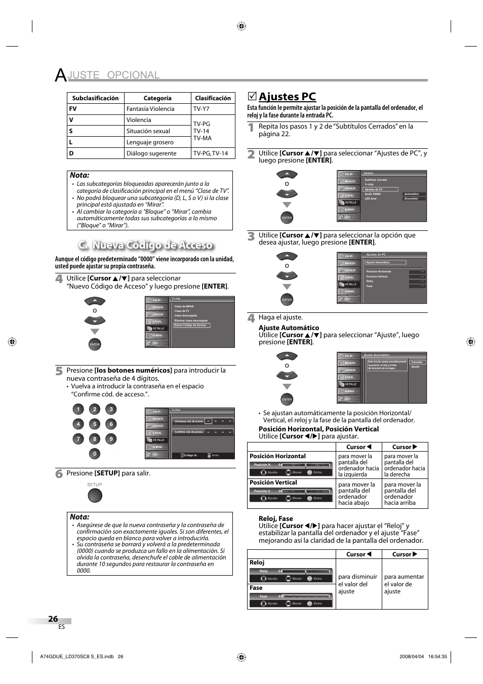 Juste opcional, C. nueva código de acceso, Ajustes pc | Nota | Sylvania LD370SC8 S User Manual | Page 72 / 92