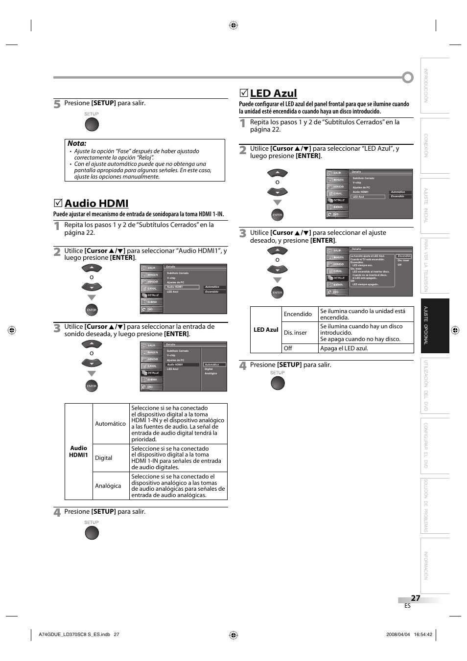 Audio hdmi, 5led azul, Nota | Sylvania LD370SC8 S User Manual | Page 73 / 92