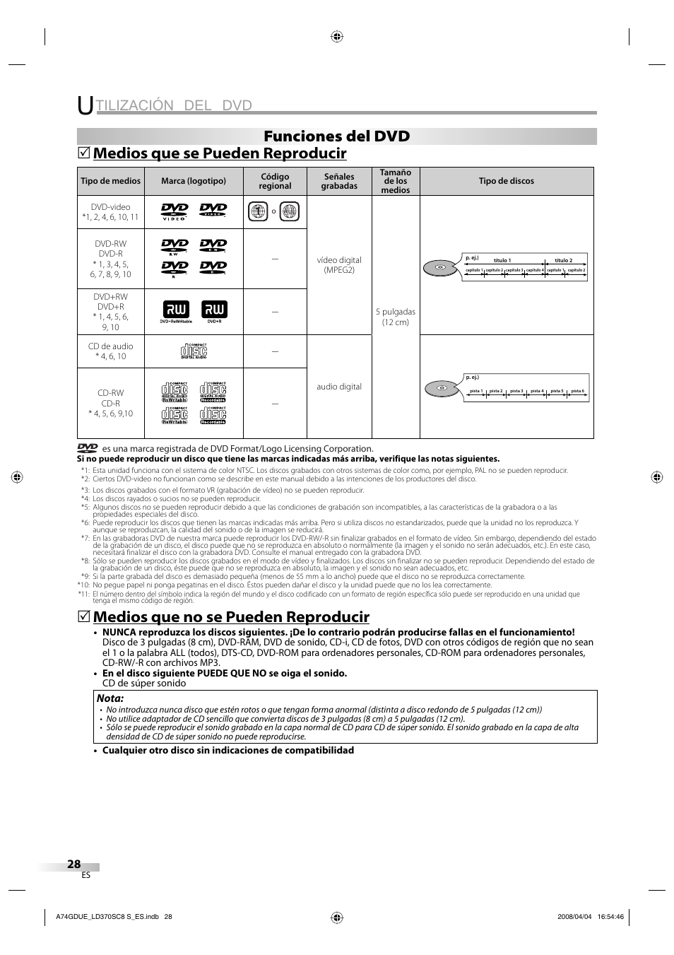 Tilización del dvd, Medios que se pueden reproducir, Medios que no se pueden reproducir | Funciones del dvd | Sylvania LD370SC8 S User Manual | Page 74 / 92