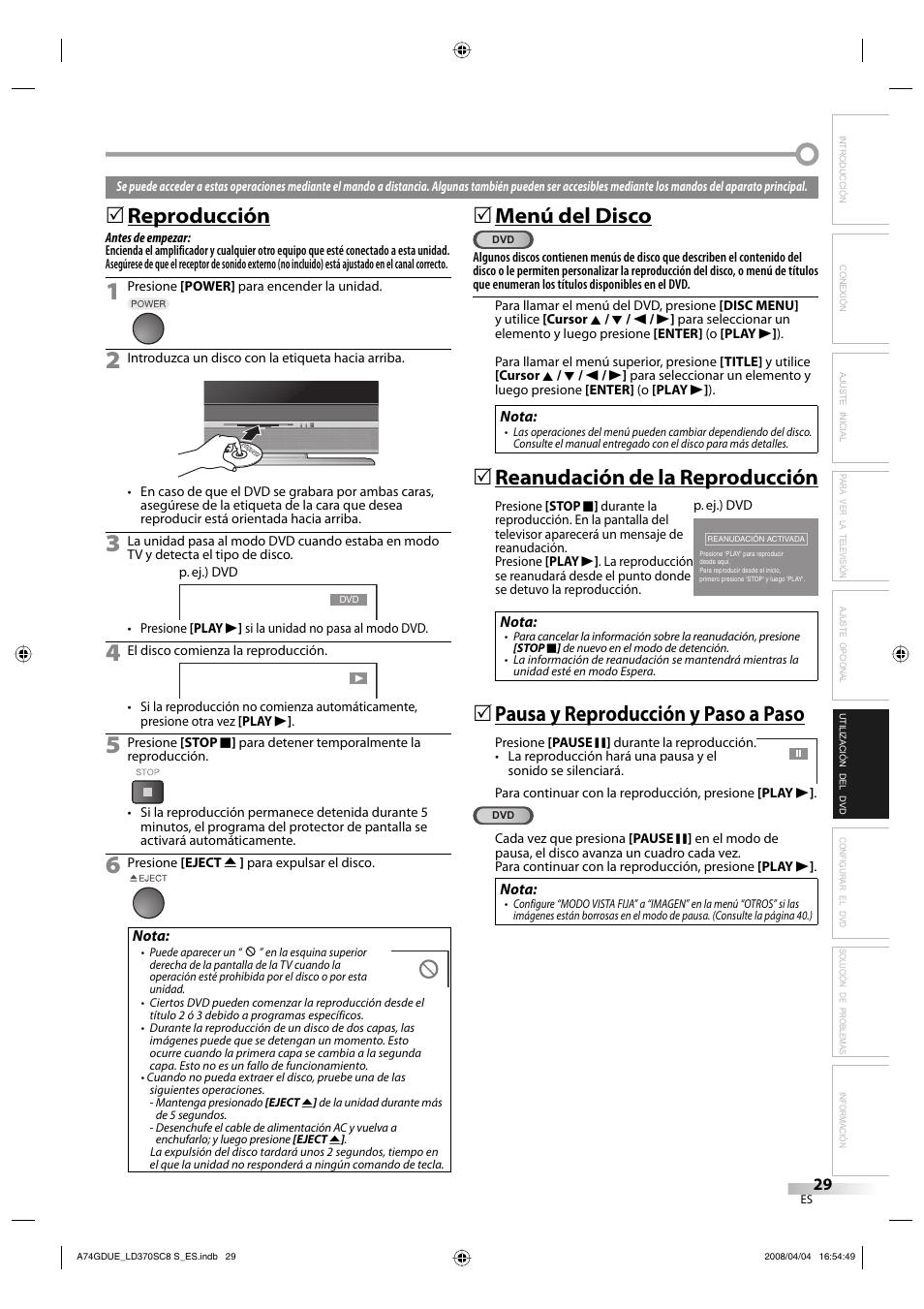 Reproducción, Menú del disco, Reanudación de la reproducción | Pausa y reproducción y paso a paso | Sylvania LD370SC8 S User Manual | Page 75 / 92