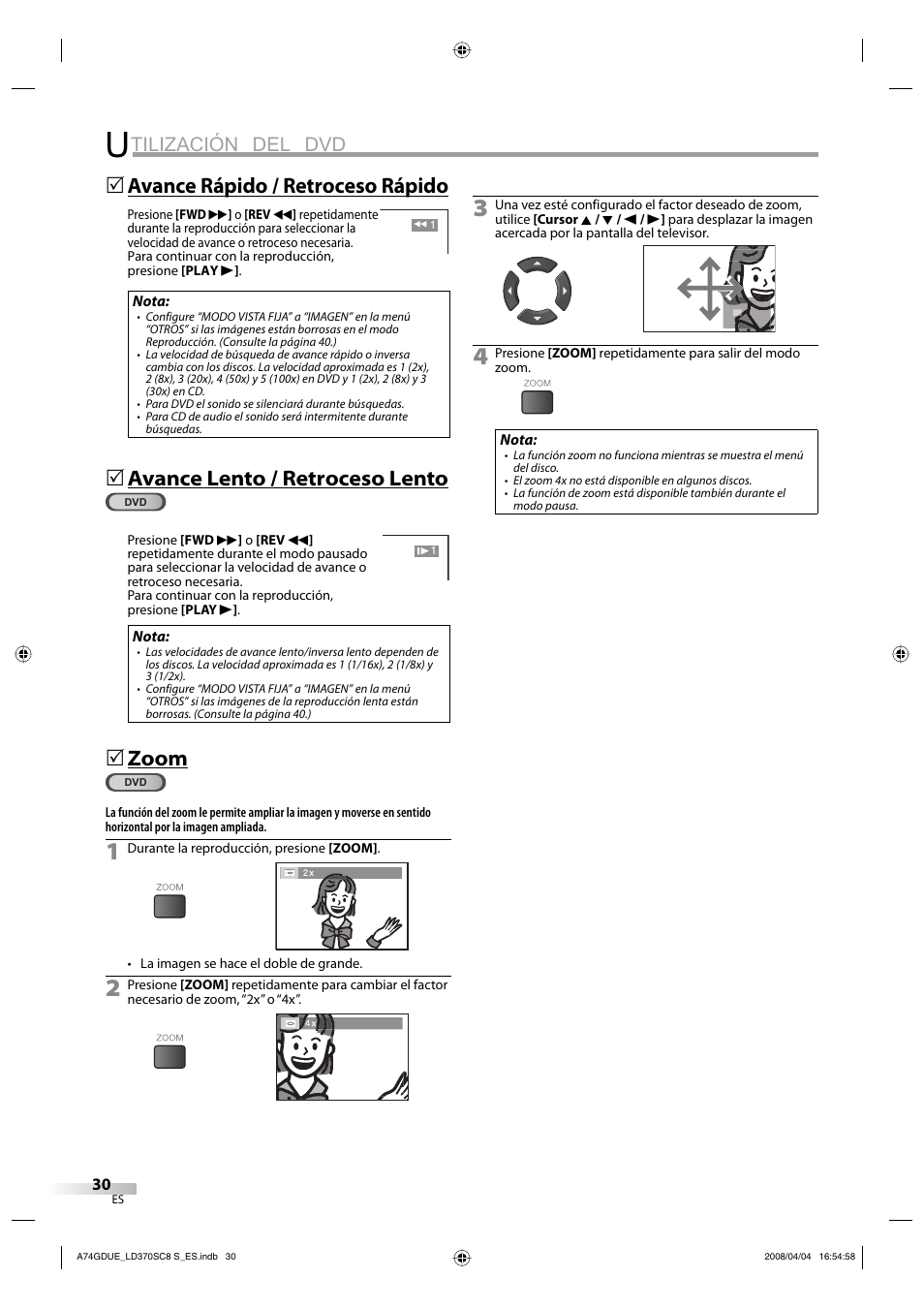 Tilización del dvd, Avance rápido / retroceso rápido, Avance lento / retroceso lento | Zoom | Sylvania LD370SC8 S User Manual | Page 76 / 92