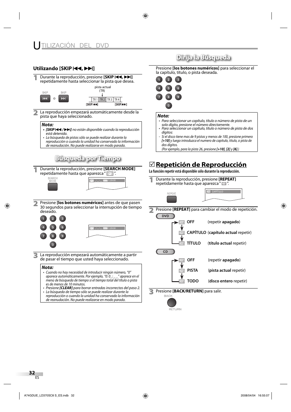 Tilización del dvd, Búsqueda por tiempo, Dirija la búsqueda | Repetición de reproducción | Sylvania LD370SC8 S User Manual | Page 78 / 92