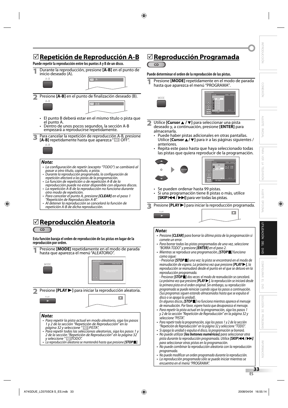 Repetición de reproducción a-b, Reproducción aleatoria, 5reproducción programada | Nota | Sylvania LD370SC8 S User Manual | Page 79 / 92