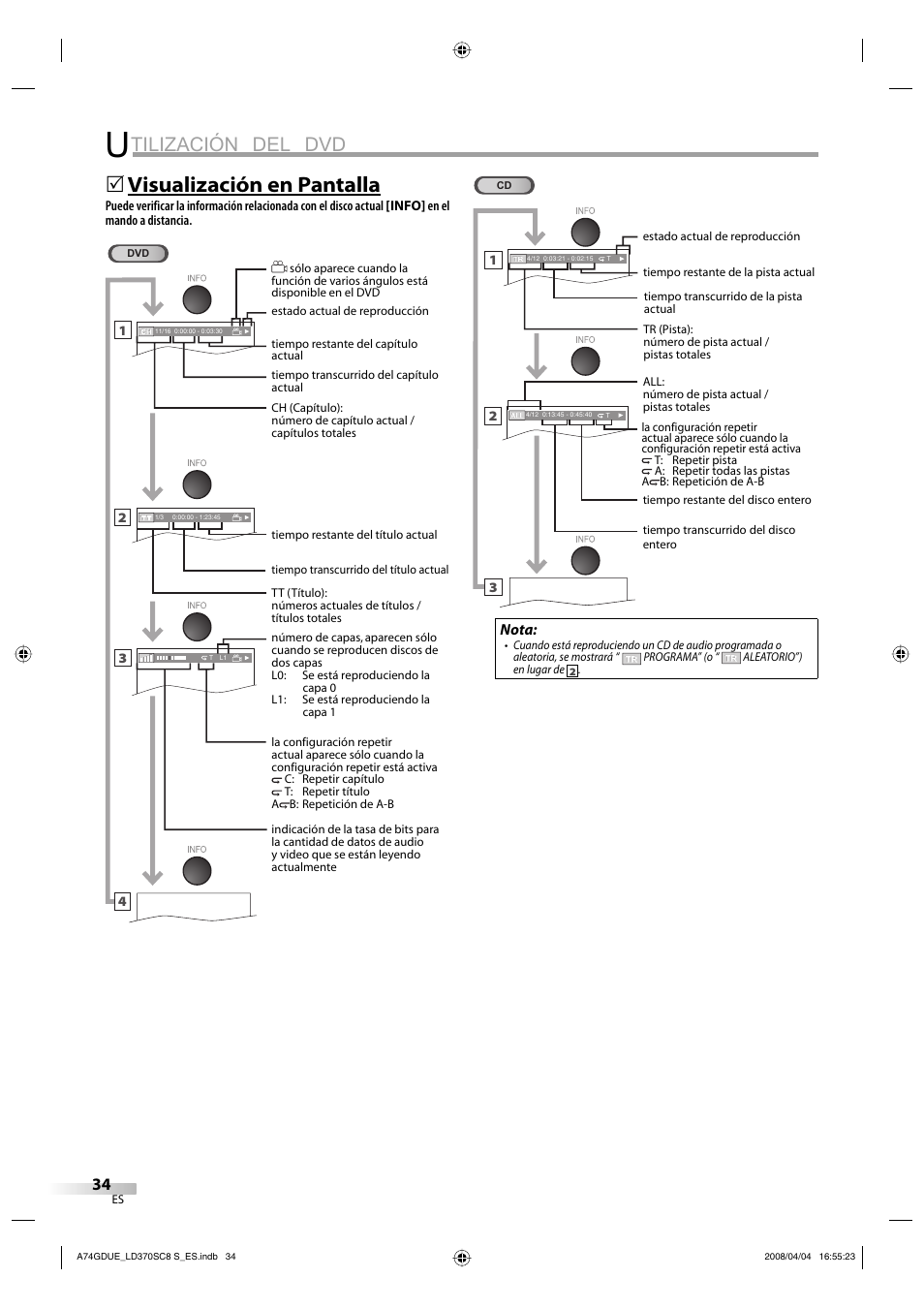 Tilización del dvd, Visualización en pantalla | Sylvania LD370SC8 S User Manual | Page 80 / 92