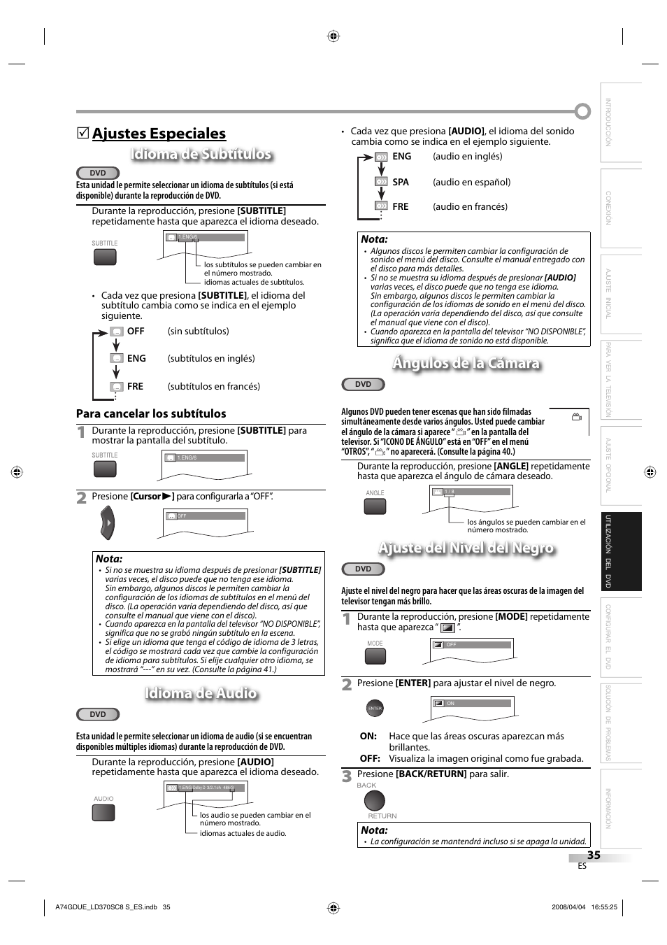 Idioma de audio, Ángulos de la cámara, Ajuste del nivel del negro | Sylvania LD370SC8 S User Manual | Page 81 / 92