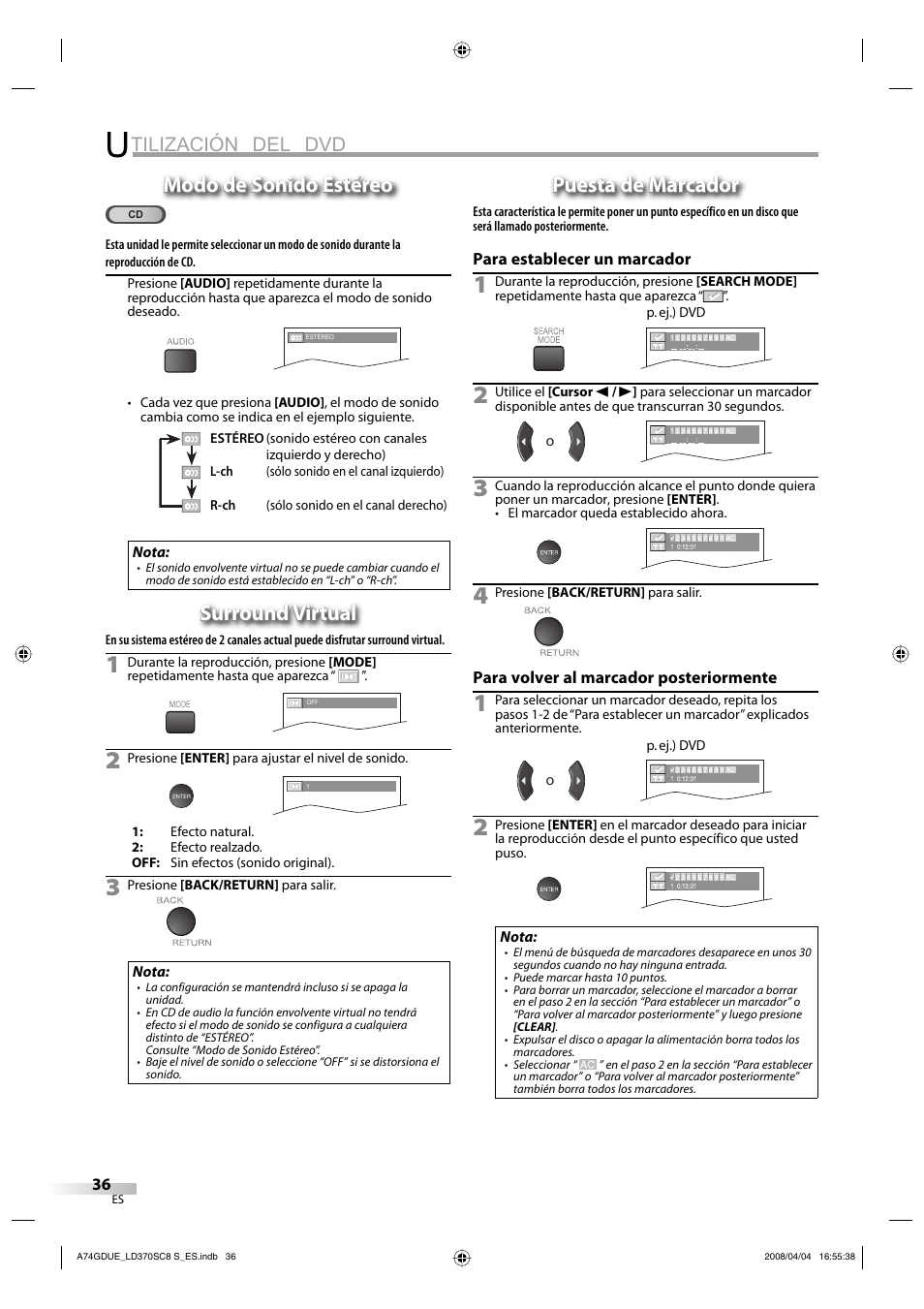 Tilización del dvd, Modo de sonido estéreo, Surround virtual | Puesta de marcador | Sylvania LD370SC8 S User Manual | Page 82 / 92