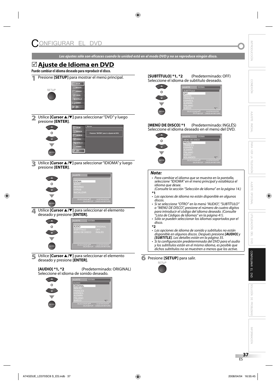 Onfigurar el dvd, Ajuste de idioma en dvd, Nota | Sylvania LD370SC8 S User Manual | Page 83 / 92