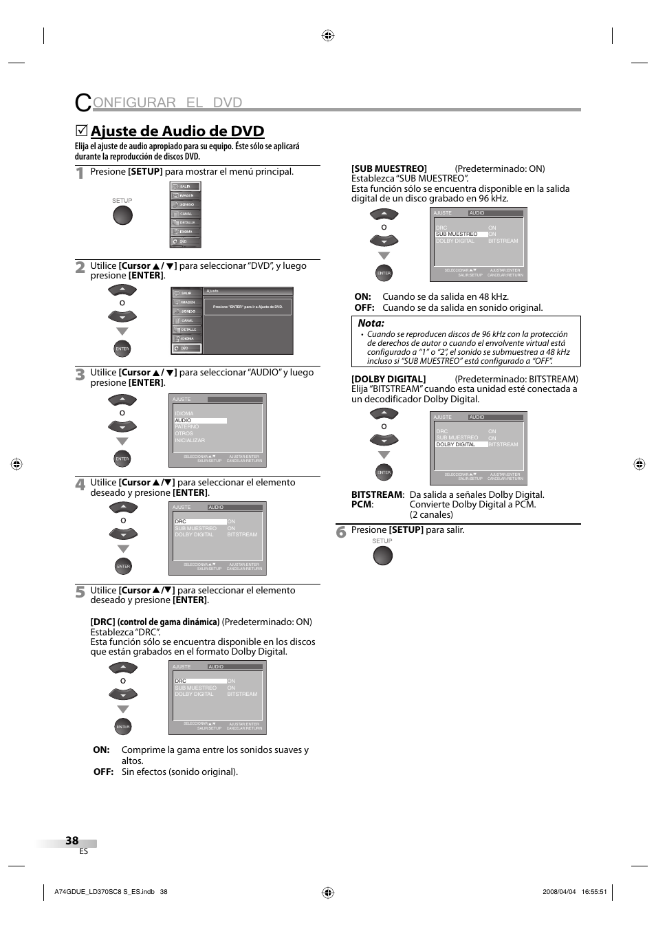 Onfigurar el dvd, Ajuste de audio de dvd, Nota | Presione [setup] para mostrar el menú principal, Presione [setup] para salir | Sylvania LD370SC8 S User Manual | Page 84 / 92