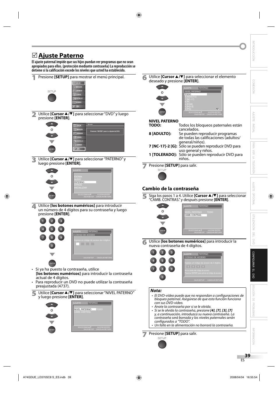 Ajuste paterno, Cambio de la contraseña, Nota | Sylvania LD370SC8 S User Manual | Page 85 / 92