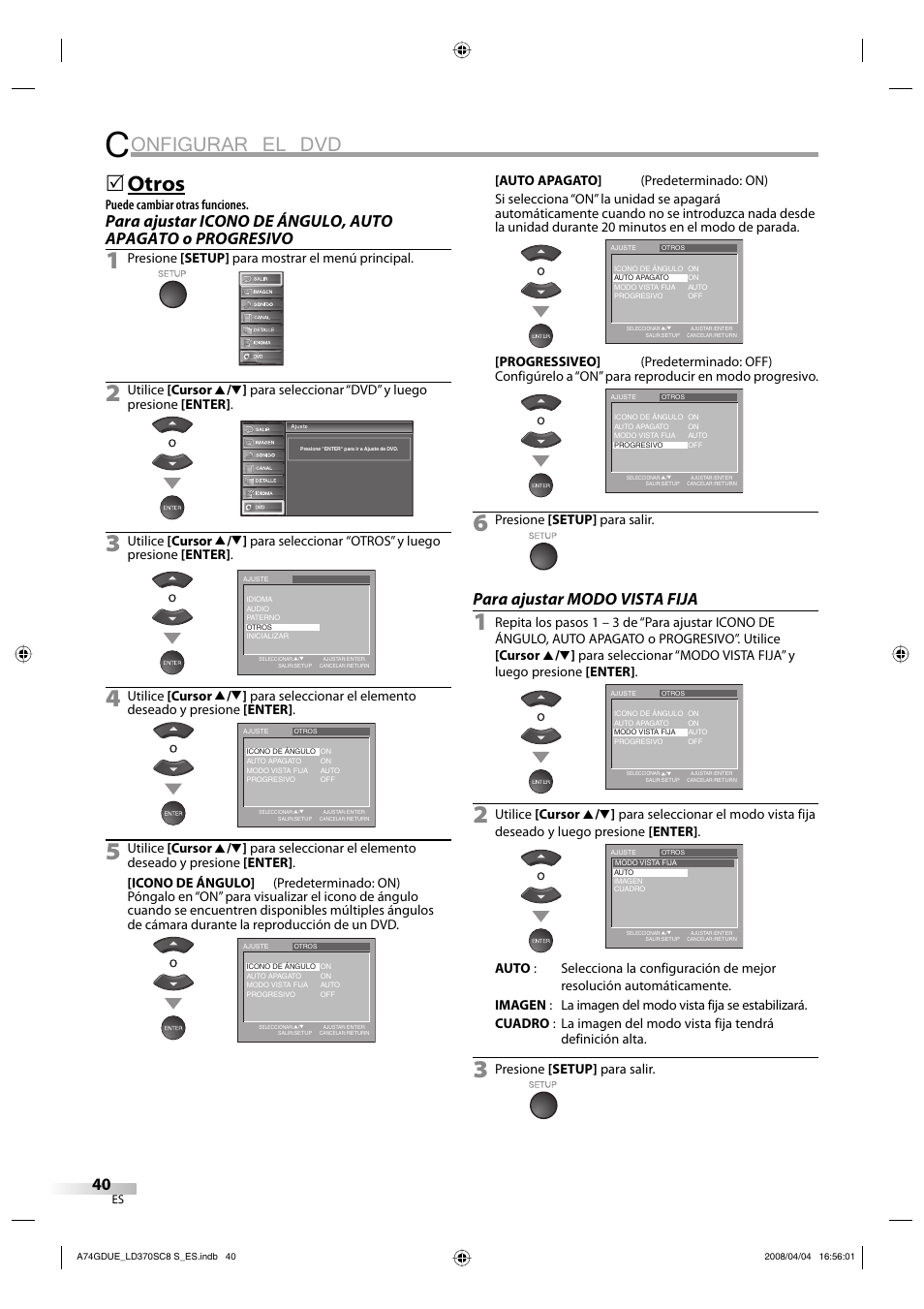 Onfigurar el dvd, Otros, Para ajustar modo vista fija | Puede cambiar otras funciones, Presione [setup] para mostrar el menú principal, Presione [setup] para salir | Sylvania LD370SC8 S User Manual | Page 86 / 92