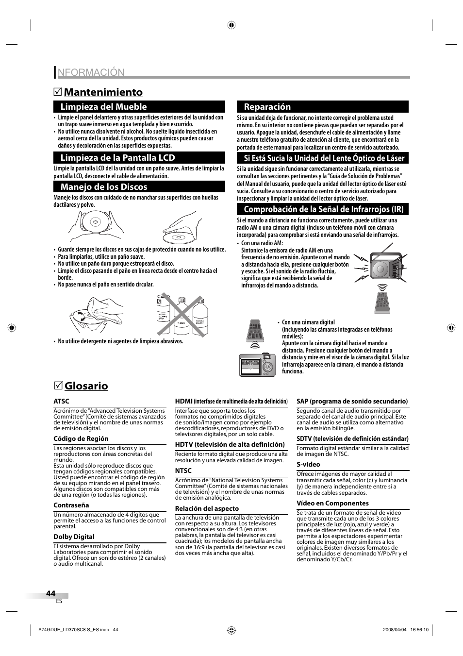 Nformación, Mantenimiento 5, Glosario 5 | Limpieza del mueble, Limpieza de la pantalla lcd, Manejo de los discos, Reparación, Si está sucia la unidad del lente óptico de láser, Comprobación de la señal de infrarrojos (ir) | Sylvania LD370SC8 S User Manual | Page 90 / 92