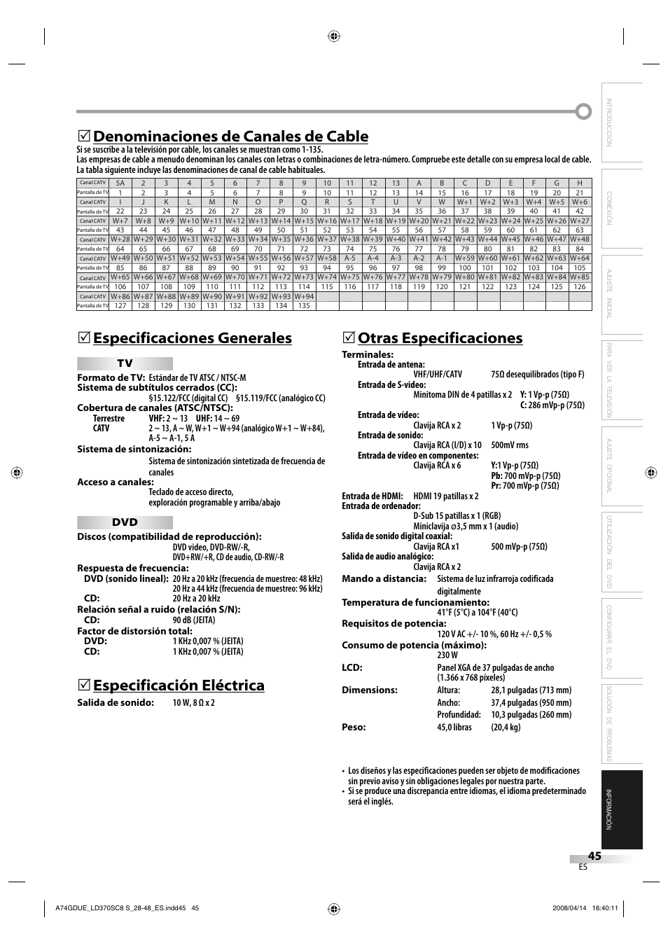 Especificación eléctrica, 5otras especificaciones | Sylvania LD370SC8 S User Manual | Page 91 / 92