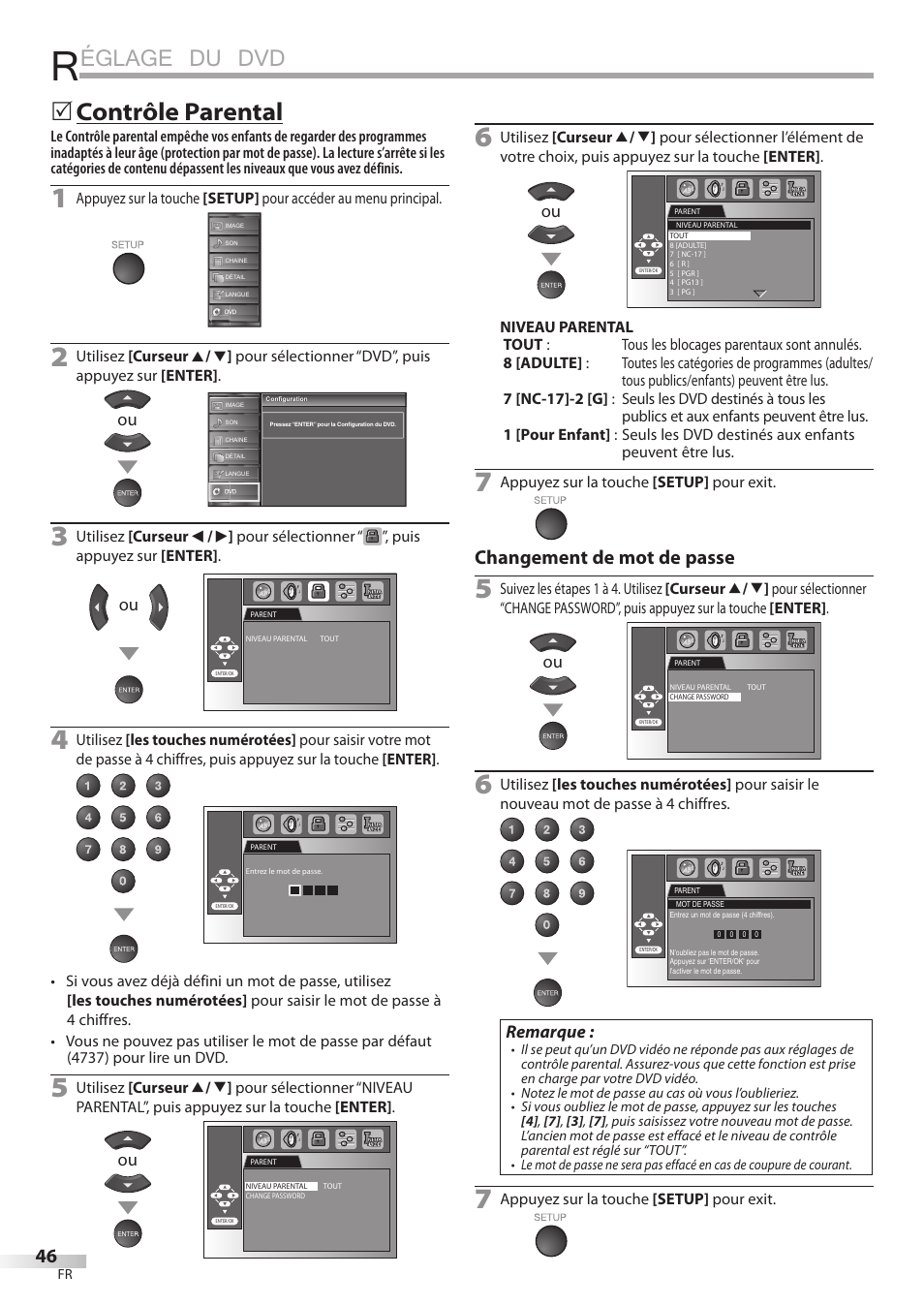 Églage du dvd, Contrôle parental, Changement de mot de passe | Remarque | Sylvania LD195SSX User Manual | Page 100 / 162