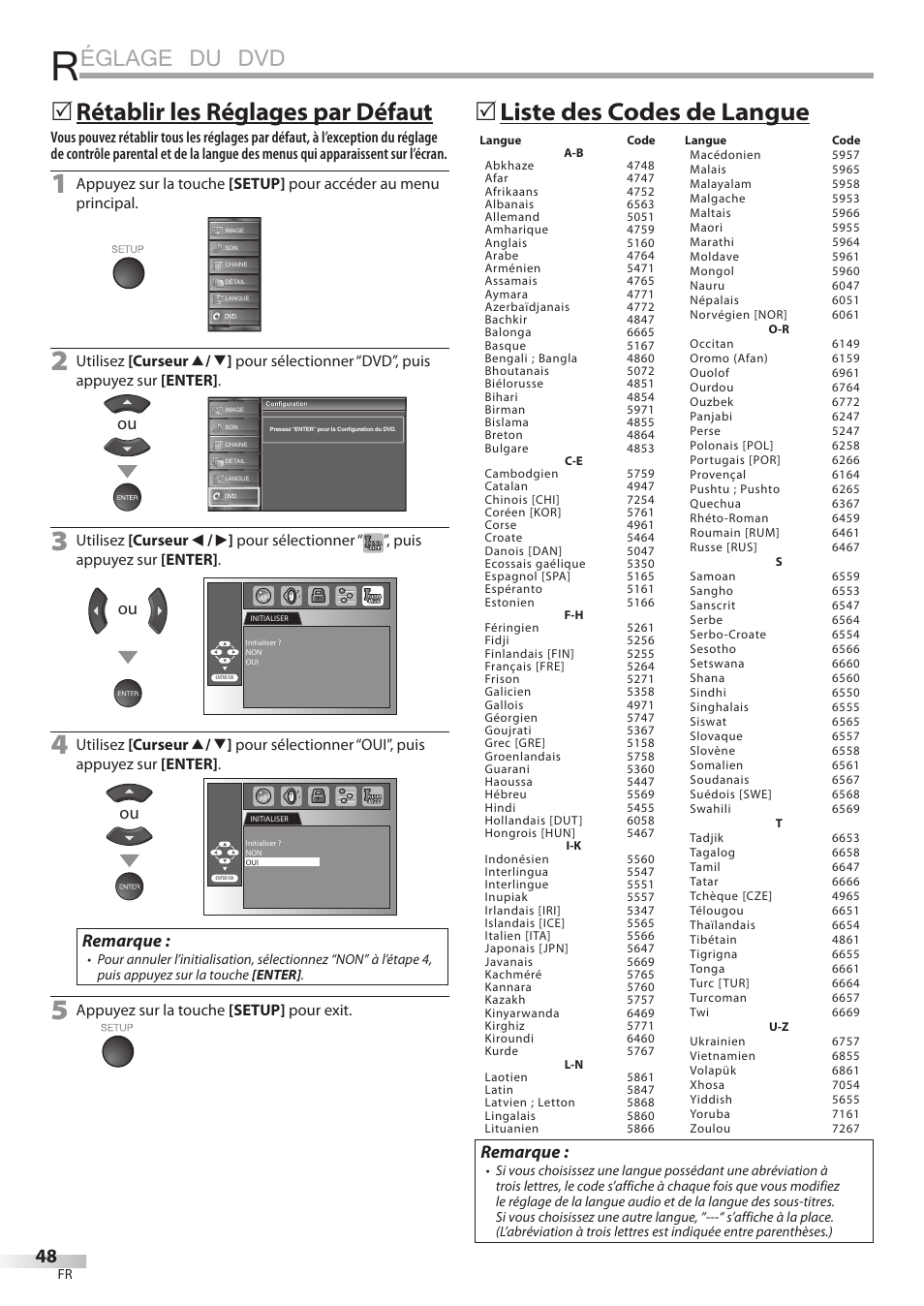 Églage du dvd, Liste des codes de langue 5, Rétablir les réglages par défaut 5 | Remarque | Sylvania LD195SSX User Manual | Page 102 / 162