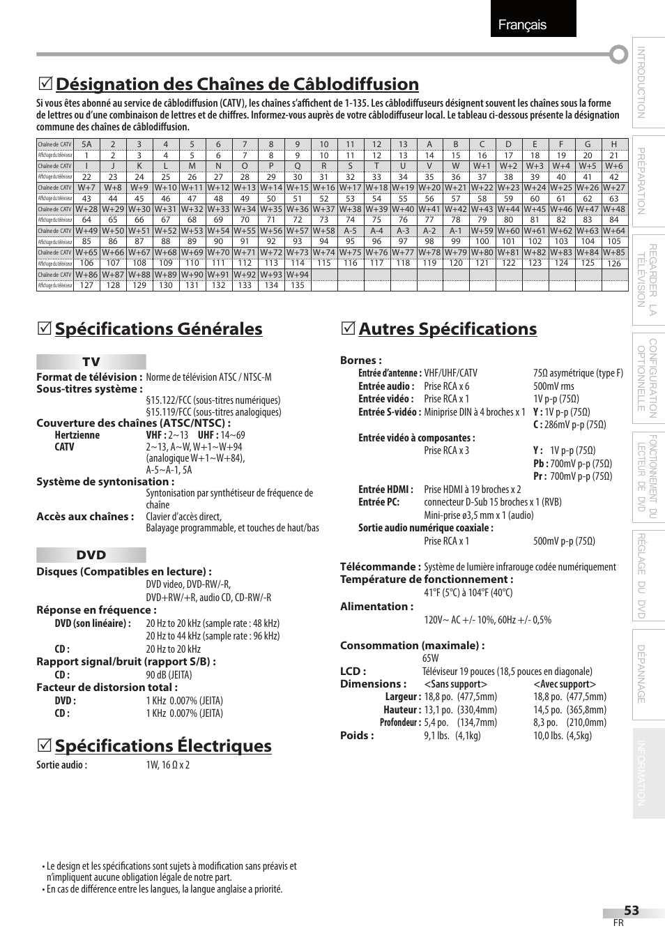 Français, Spécifications générales, Spécifications électriques | 5autres spécifications, Désignation des chaînes de câblodiffusion 5 | Sylvania LD195SSX User Manual | Page 107 / 162