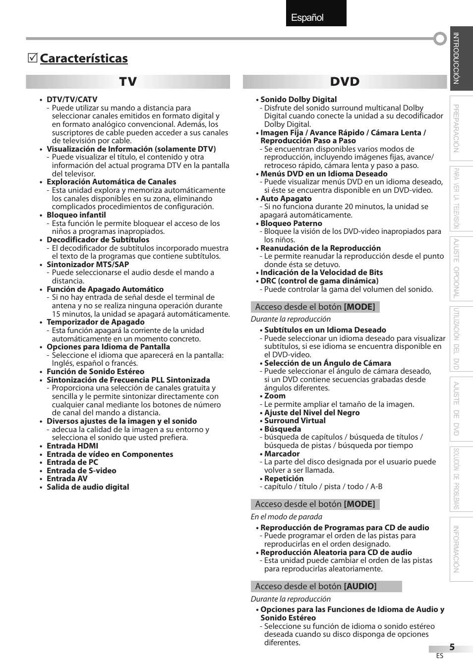 English español français, Características 5 tv dvd | Sylvania LD195SSX User Manual | Page 113 / 162