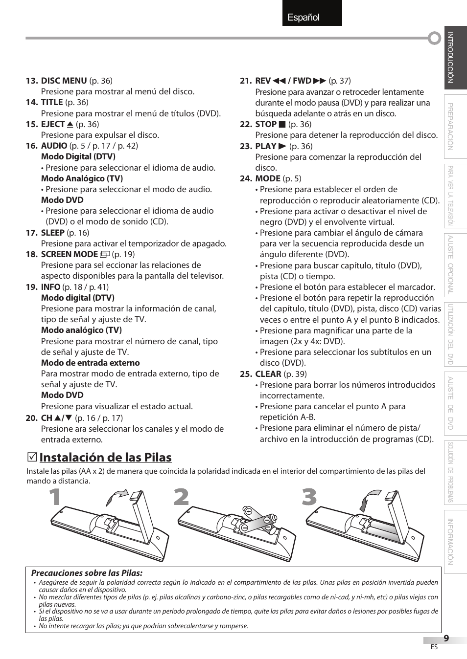 English español français, Instalación de las pilas | Sylvania LD195SSX User Manual | Page 117 / 162