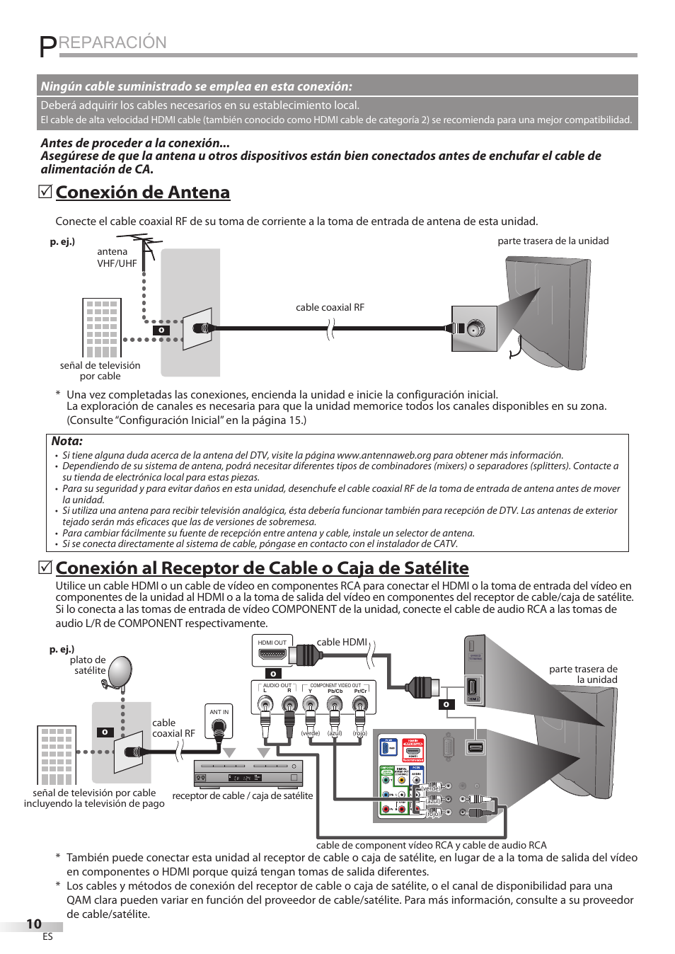 Reparación, Conexión de antena, Conexión al receptor de cable o caja de satélite | Nota | Sylvania LD195SSX User Manual | Page 118 / 162
