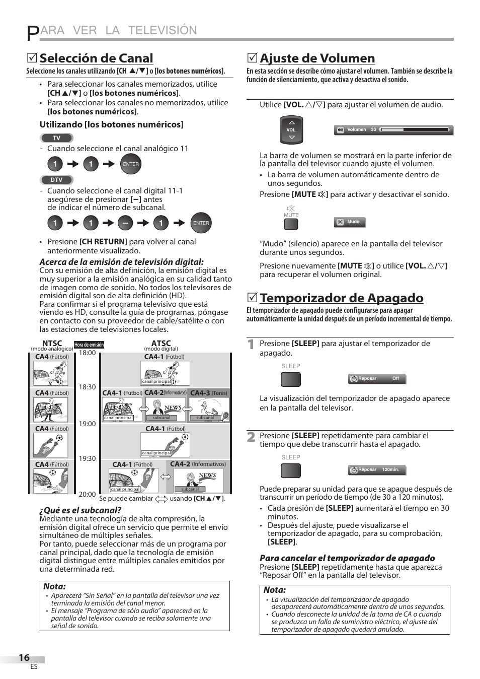 Ara ver la televisión, Selección de canal, Ajuste de volumen | Temporizador de apagado | Sylvania LD195SSX User Manual | Page 124 / 162