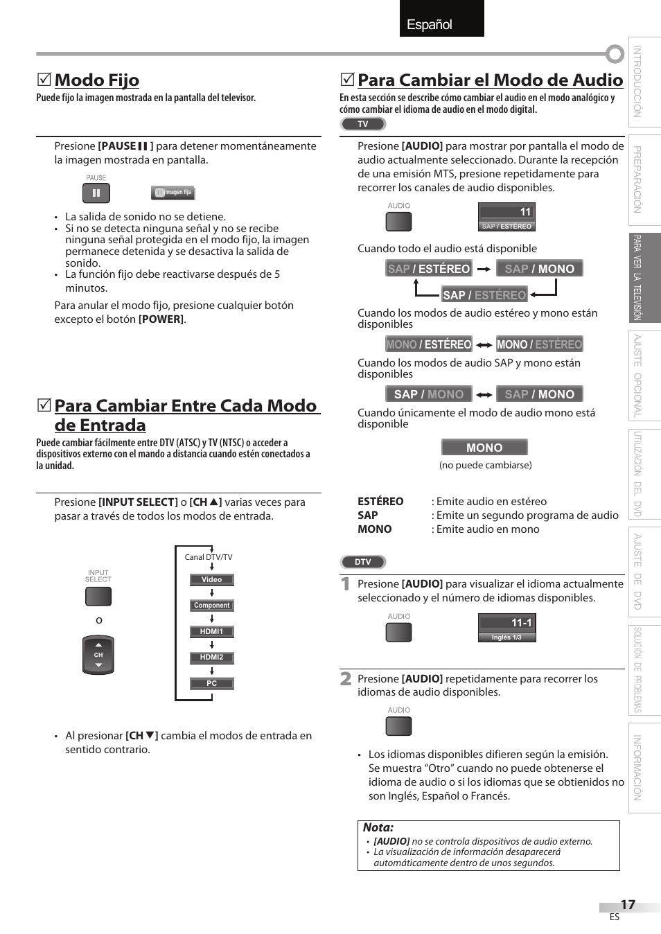 English español français, Modo fijo, Para cambiar entre cada modo de entrada | Para cambiar el modo de audio | Sylvania LD195SSX User Manual | Page 125 / 162