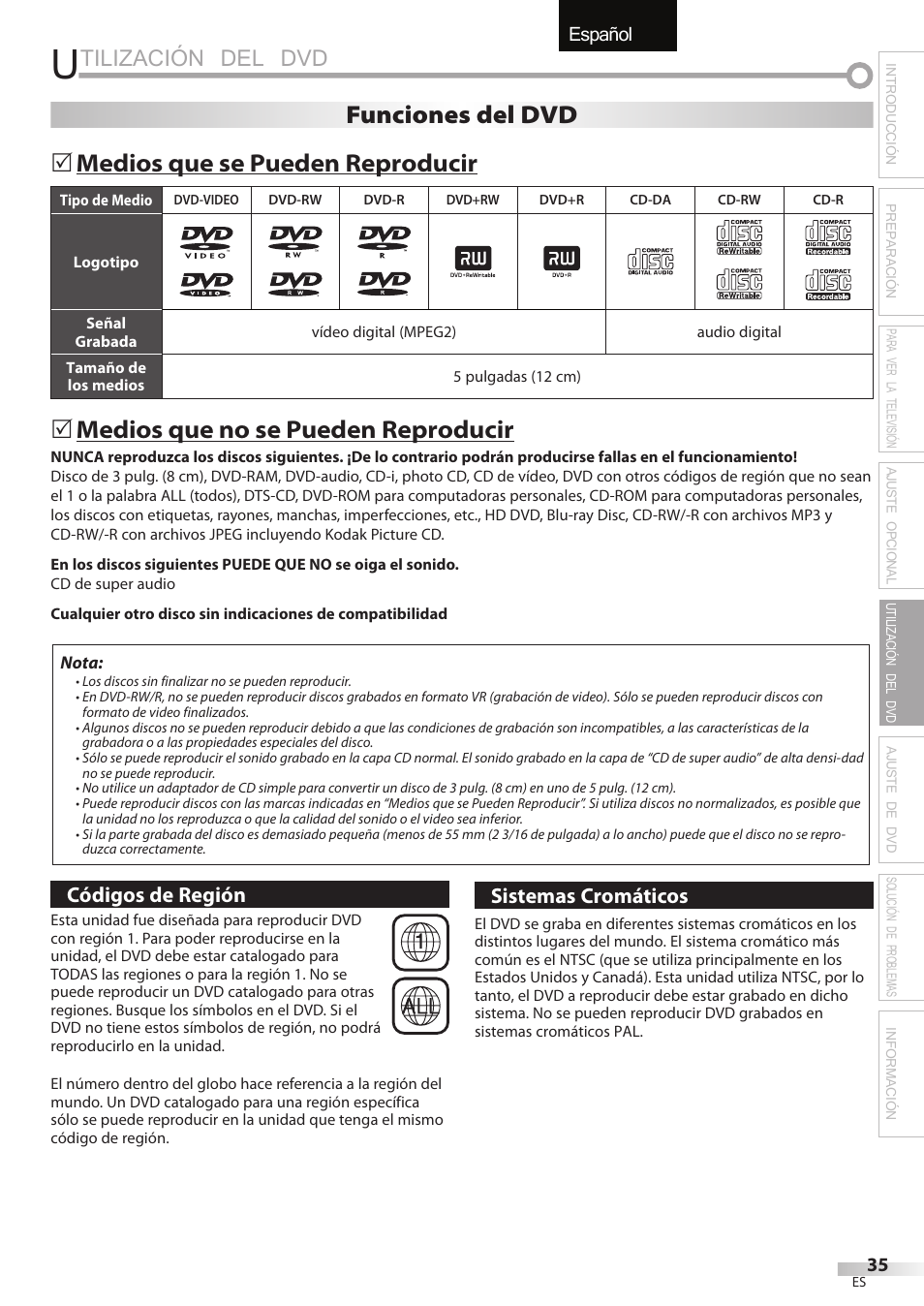 Tilización del dvd, English español français, Medios que se pueden reproducir | Medios que no se pueden reproducir, 5funciones del dvd | Sylvania LD195SSX User Manual | Page 143 / 162