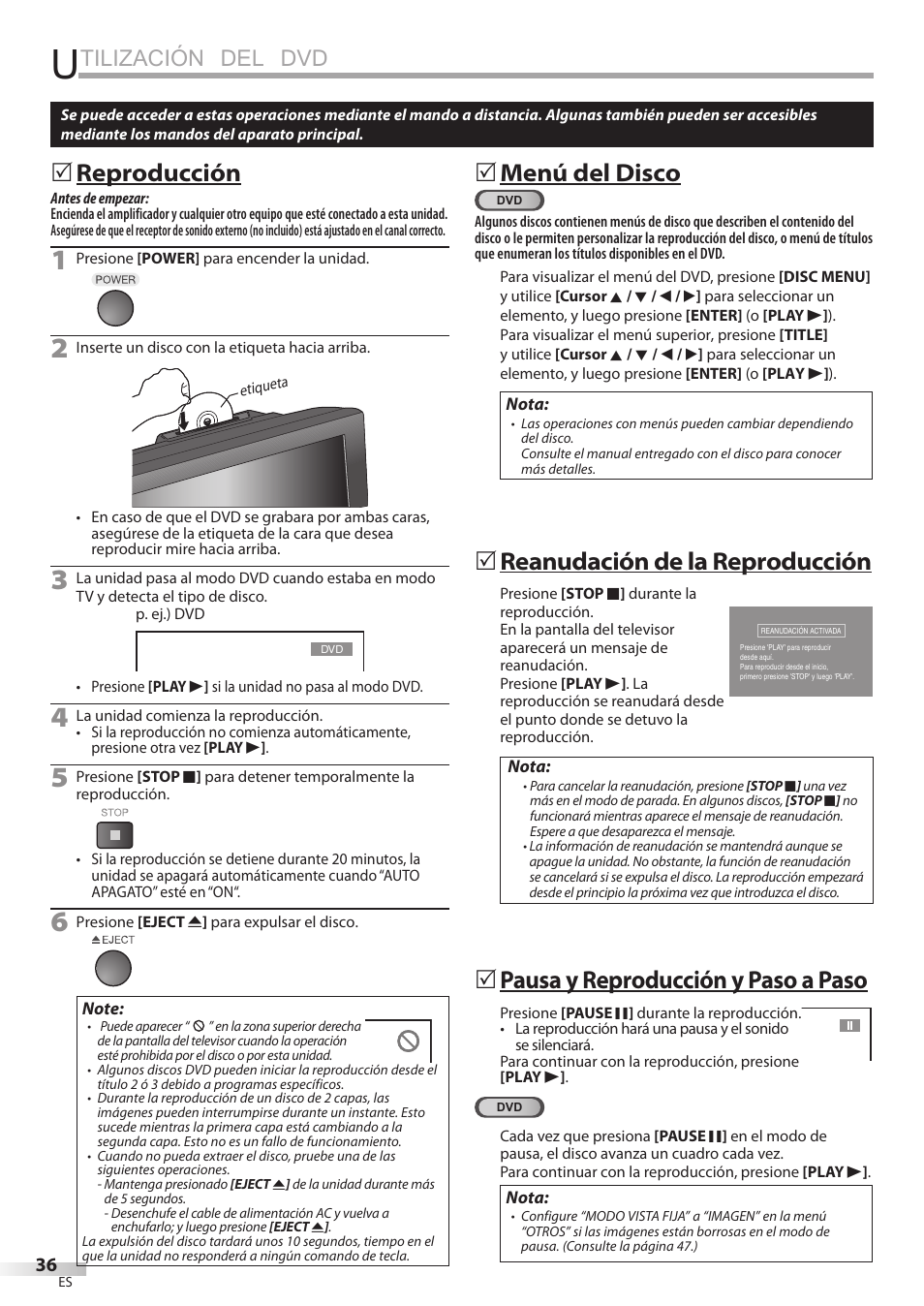 Tilización del dvd, Reproducción, Menú del disco | Reanudación de la reproducción, Pausa y reproducción y paso a paso | Sylvania LD195SSX User Manual | Page 144 / 162
