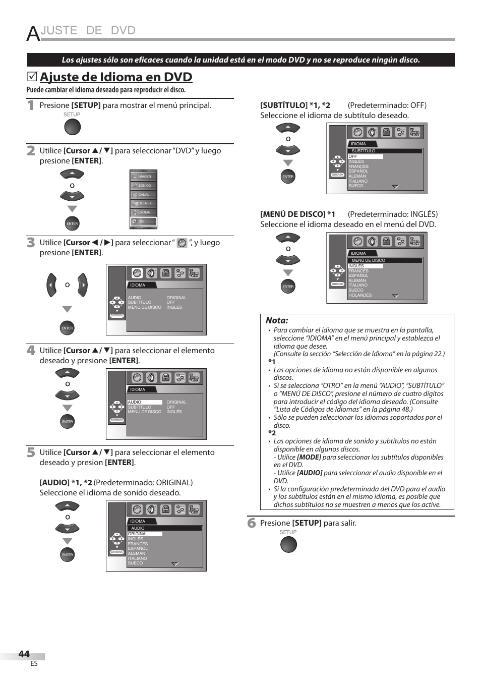 Juste de dvd, Ajuste de idioma en dvd, Nota | Sylvania LD195SSX User Manual | Page 152 / 162