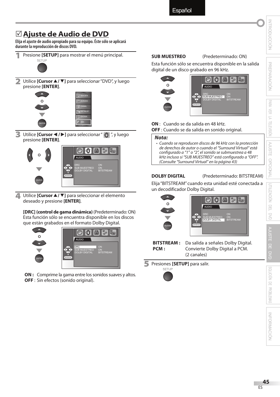 English español français, Ajuste de audio de dvd, Nota | Sylvania LD195SSX User Manual | Page 153 / 162