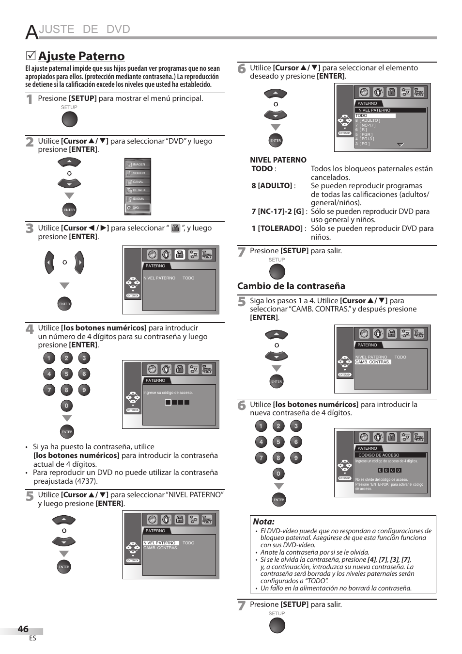 Juste de dvd, Ajuste paterno, Cambio de la contraseña | Sylvania LD195SSX User Manual | Page 154 / 162