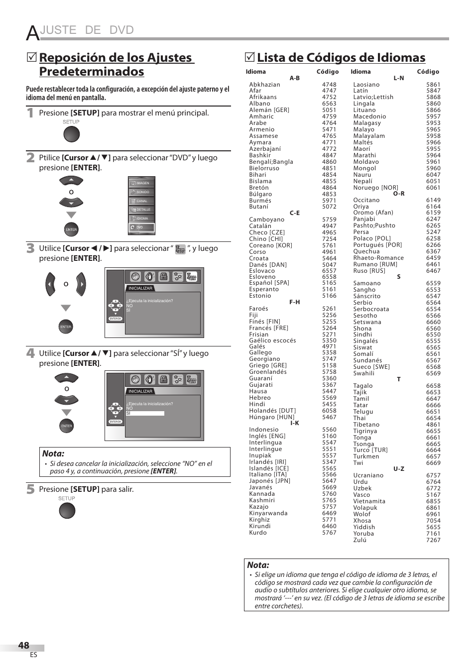 Juste de dvd, Lista de códigos de idiomas 5, Reposición de los ajustes predeterminados 5 | Nota | Sylvania LD195SSX User Manual | Page 156 / 162