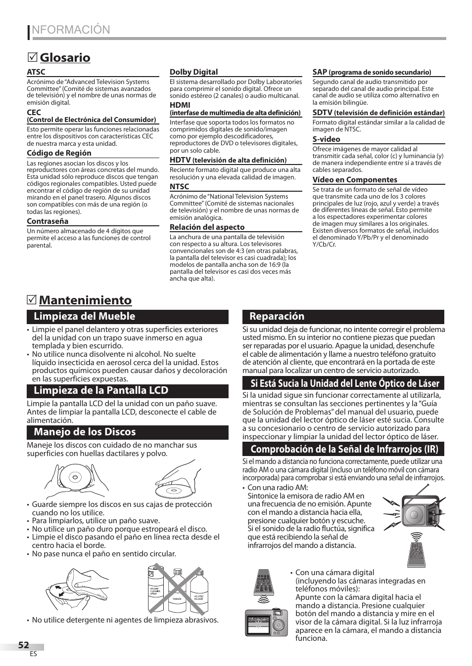 Nformación, Glosario 5 mantenimiento 5, Limpieza del mueble | Limpieza de la pantalla lcd, Manejo de los discos, Reparación, Si está sucia la unidad del lente óptico de láser, Comprobación de la señal de infrarrojos (ir) | Sylvania LD195SSX User Manual | Page 160 / 162
