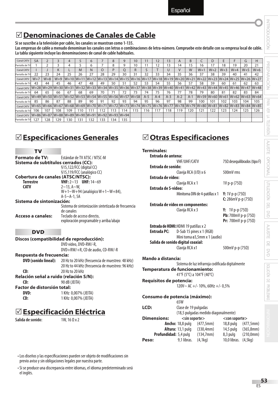 English español français, Especificaciones generales, Especificación eléctrica | 5otras especificaciones, Denominaciones de canales de cable 5 | Sylvania LD195SSX User Manual | Page 161 / 162