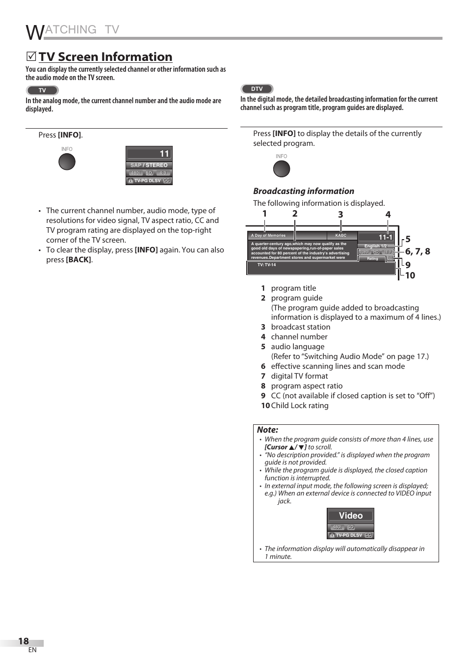 Atching tv, Tv screen information, Broadcasting information | Video | Sylvania LD195SSX User Manual | Page 18 / 162
