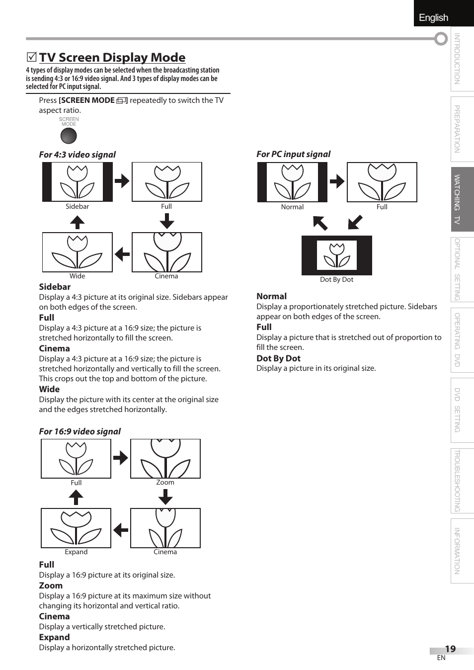 English español français, Tv screen display mode | Sylvania LD195SSX User Manual | Page 19 / 162